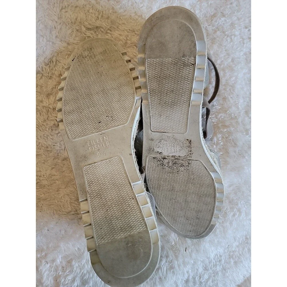 EILEEN FISHER Bisa Metallic Ankle Strap Zipper Back Flat Espadrille Shoes Sz 9.5